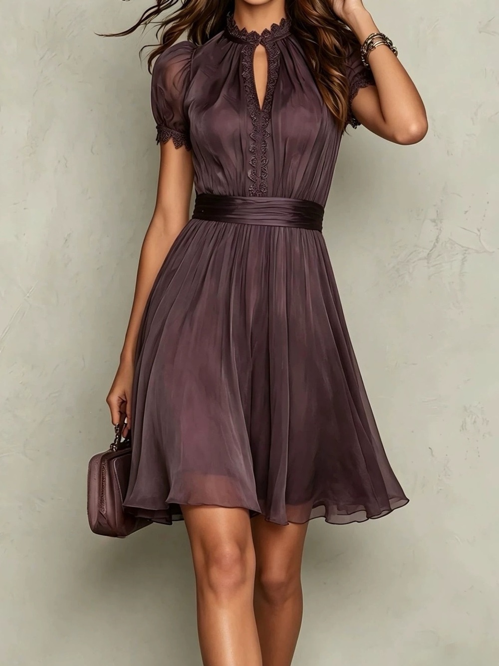Full Size Lace Trim Puff Sleeve A-Line Dress Plus Size - Picture 2 of 5